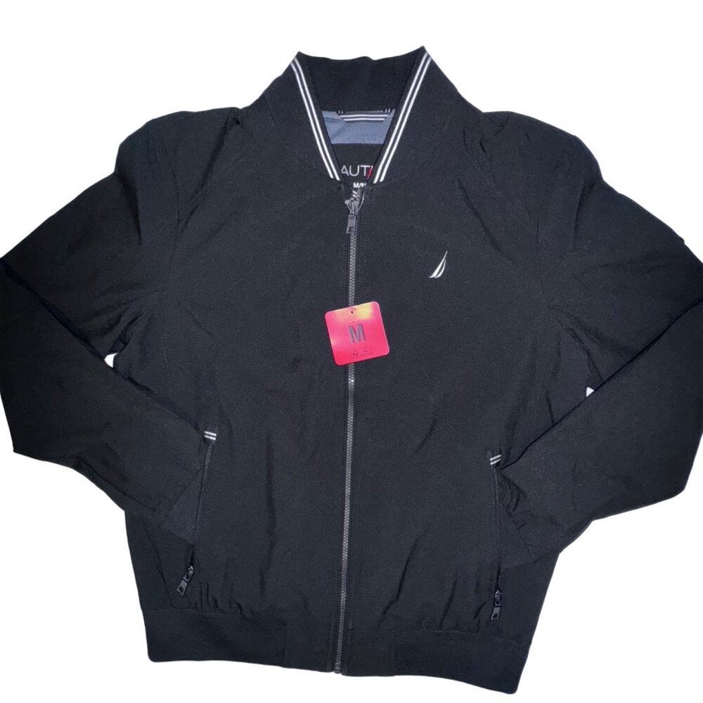 Nautica Mens Medium Black Full-Zip Windbreaker Rain Jacket With Embroidered Logo